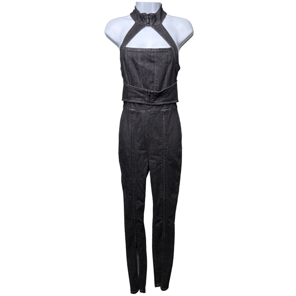 BEBE x CIARA Womens Black Denim Halter Jumpsuit 2 Bodycon Cut-out Urban Edgy